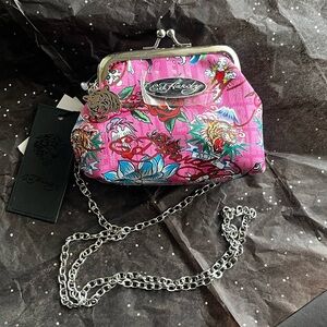 Ed Hardy Pink Kiss Lock Tiger Koi Tattoo Mini Bag w/Crossbody Chain NWT